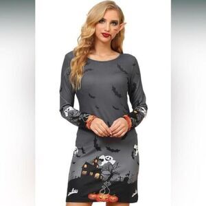 NWT Women’s Gray Long Sleeve Halloween Bats Dress - Size XXL - Runs Small